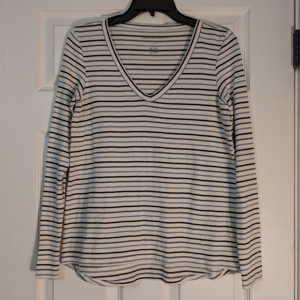 American Eagle Soft & Sexy Plush V-neck Striped Long Sleeve Women's Shirt Size S